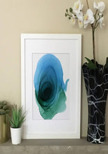 Charger l&#39;image dans la galerie, Ink Pots alcohol ink painting shows an abstract blue and green spiral that&#39;s darker in the middle and fades as it goes further out.