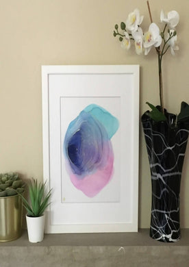 Sweet Pea 2 alcohol ink painting shows an abstract purple, blue and pink spiral that's darker in the middle and fades as it goes further out.