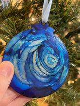 Load image into Gallery viewer, Blue and Gold Rose Christmas Ornament